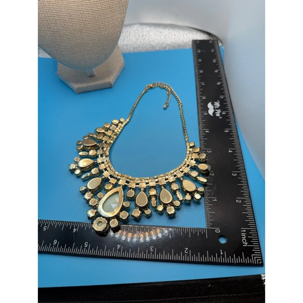 Mint Green Yellow Statement Bib Necklace Gold Tone Rhinestone‎ Crystal Chunky